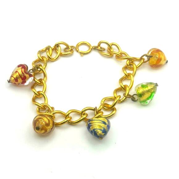 Murano Jewelry - Murano Glass Dangle Charm Bracelet Chain Chunky Gold tone Retro Jewelry